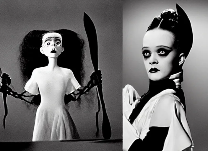 Image similar to editorial portrait, bride of frankenstein ( 1 9 3 5 ) as child wednesday addams, still from the addams family ( 1 9 9 1 )