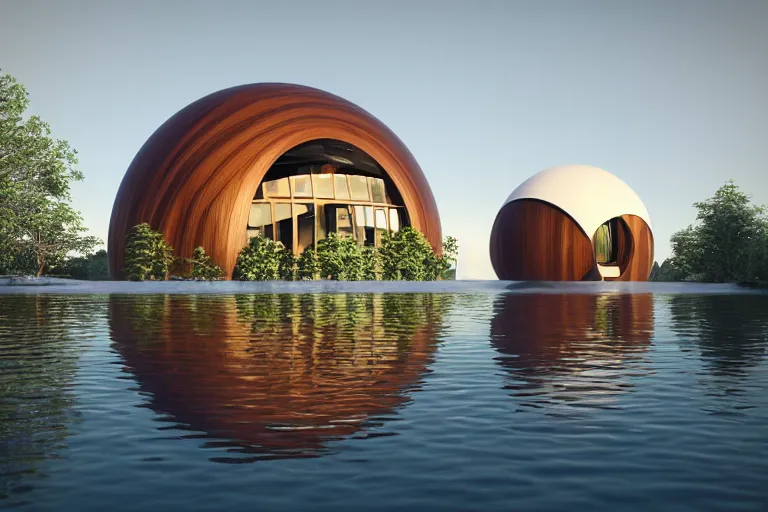 Prompt: many white round spherical buildings, it depends on each other to form a modern science fiction building ， by pierre bernard, on the calm lake, people's perspective, future, interior wood, dusk, unreal engine highly rendered, global illumination, radial light, internal environment