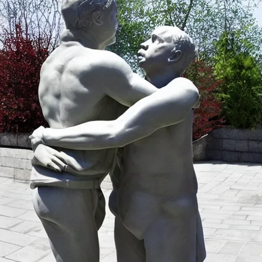 Image similar to marble statue of viktor orban and vladimir putin hugging