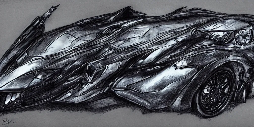 Image similar to ballpoint pen drawing of the batmobile, batman, arkham knight