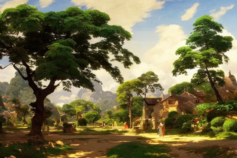 Prompt: a beautiful landscape of a tiny futuristic village in the french countryside during spring season, painting by studio ghibli backgrounds and frederic edwin church hd and louis remy mignot hd, nice spring afternoon lighting, smooth tiny details, soft and clear shadows, low contrast, perfect