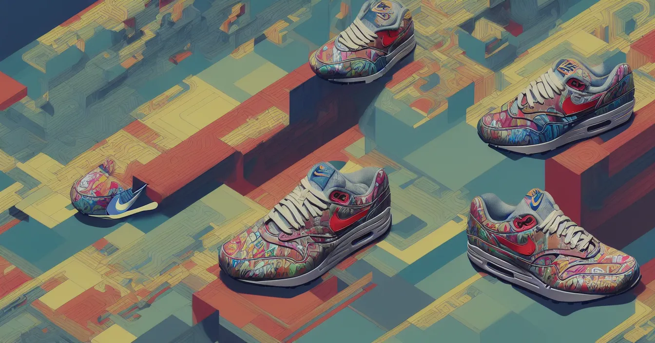 Prompt: excellent painted isometric view of nike air max 1 in foreground, high quality masterpiece painted, patterned background, 4k, trending on artstation, octane render, art by James Jean and artgerm and greg rutkowski and alphonse mucha and craig mullins and James Jean and Andrei Riabovitchev and Marc Simonetti and peter mohrbacher