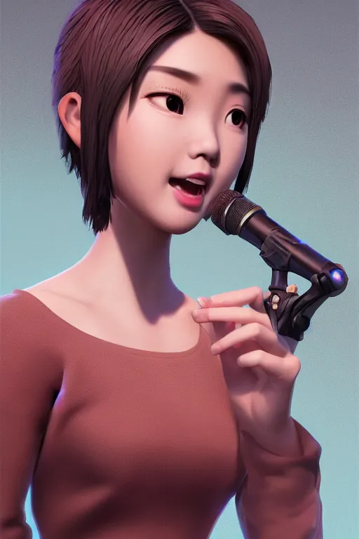 Prompt: a portrait of cute Asian girl singing, short stylish hair in the style of DreamWorks animation, side view, low angle view, 16mm lens, award winning, hyper detailed, studio lighting, artstation, octane renderer, unreal engine