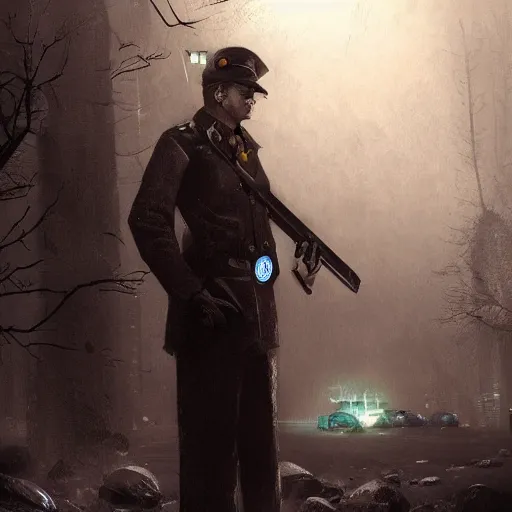 Prompt: climatechangepunk soviet policeman, fog, darkness, evil, magic the gathering artwork, D&D, fantasy, cinematic lighting, centered, symmetrical, highly detailed, digital painting, artstation, concept art, smooth, sharp focus, illustration, volumetric lighting, epic Composition, 8k, art by Akihiko Yoshida and Greg Rutkowski and Craig Mullins, oil painting, cgsociety