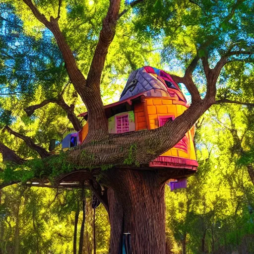 Prompt: Treehouse from the Pixar movie Up, solar, bright sky, vivid colors, beautiful