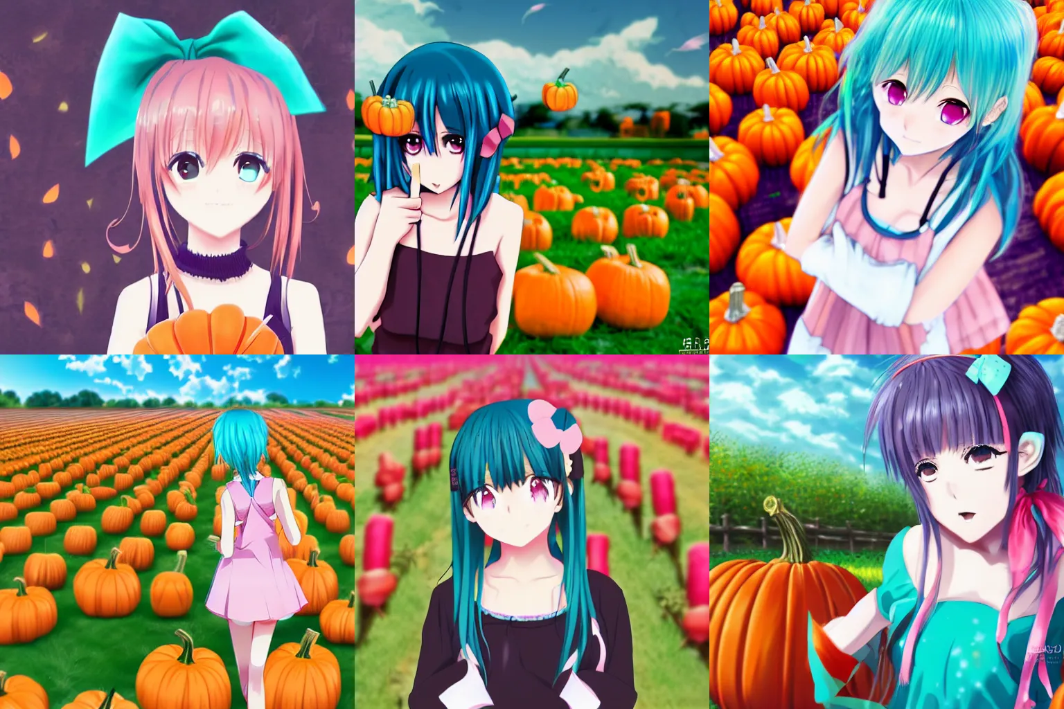 Prompt: anime girl with teal hair, pink headband, sharp focus, pumpkin farm background, background blurred,kyo ani, anime art