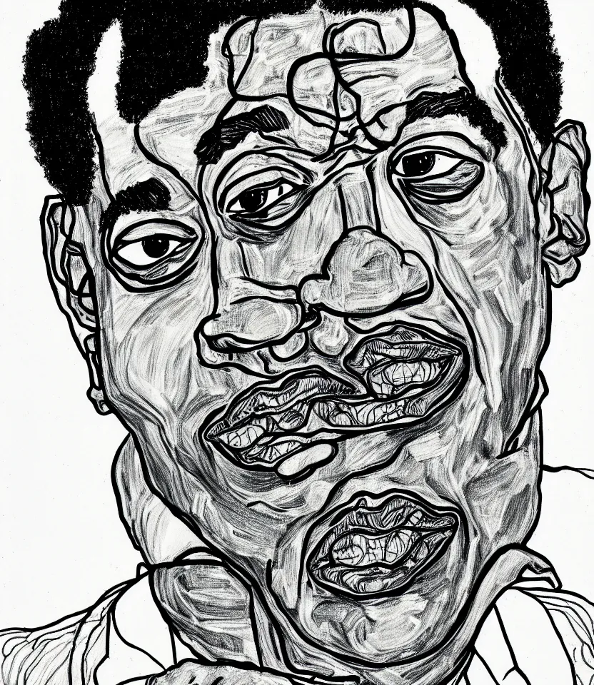 Image similar to detailed line art portrait of duke ellington, inspired by egon schiele. caricatural, minimalist, bold contour lines, musicality, soft twirls curls and curves, confident personality, raw emotion