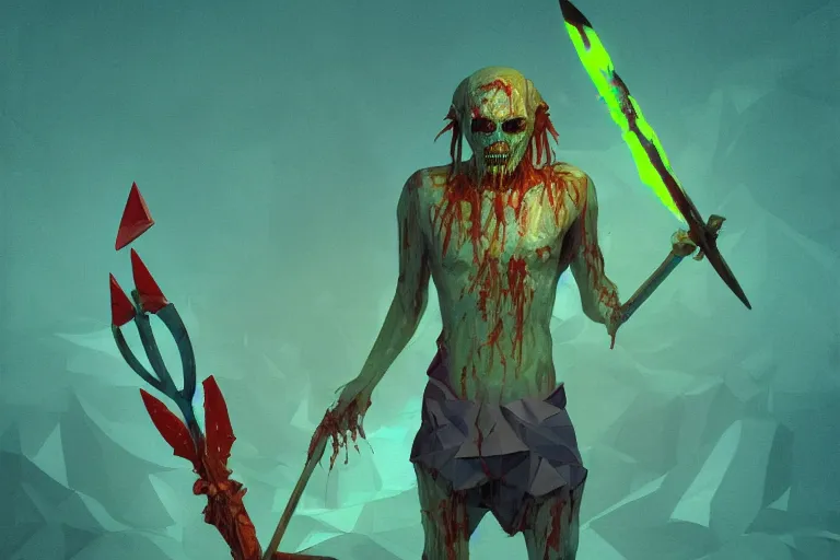 Image similar to low poly painting by greg rutkowski of a drowned zombie holding a trident with glowing cyan eyes, wearing ragged clothing, holding a trident, underwater, pastel green and blue color palette