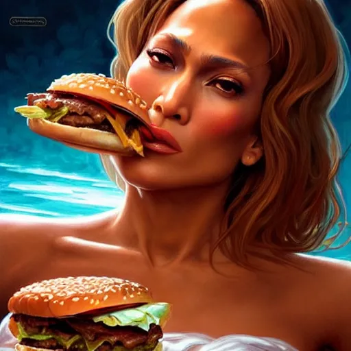 Image similar to Jennifer Lopez Eating Big Macs, dripping BBQ Sauce, serving burgers, D&D, fantasy, intricate, elegant, highly detailed, digital painting, artstation, concept art, matte, sharp focus, illustration, hearthstone, art by Artgerm and Greg Rutkowski and Alphonse Mucha