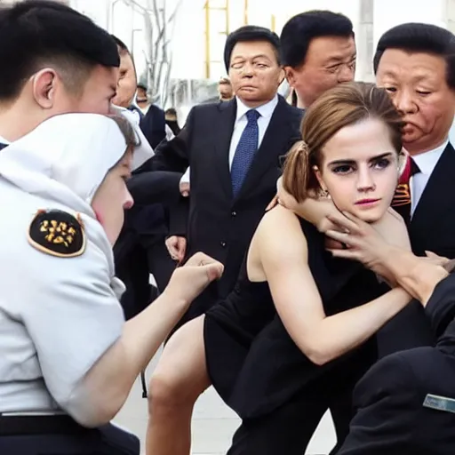 Image similar to angry emma watson putting xi jinping in a headlock as security agents close in