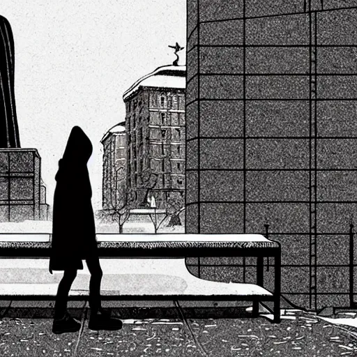 Image similar to storyboard : sadie sink in hoodie sits on bench in ruined square, pedestrians walk by, soviet monument and propaganda posters. scifi cyberpunk. by gabriel hardman. cinematic atmosphere, detailed and intricate, perfect anatomy