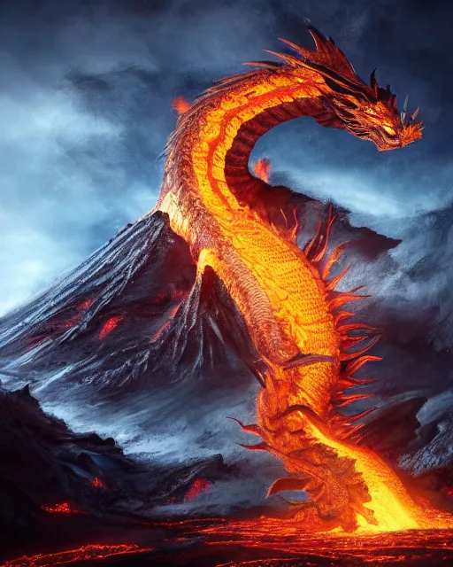 Prompt: giant fire dragon standing on a volcano, highly detailed, 4 k, hdr, award - winning, directed by zack snyder, trending on art station, matte, donato,