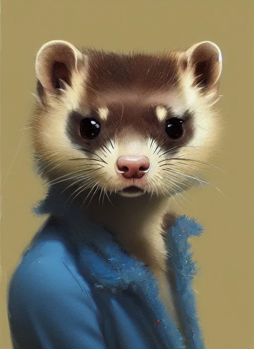 Prompt: very detailed masterpiece painting of a ferret wearing a fuzzy blue coat, portrait, artstation, concept art by greg rutkowski