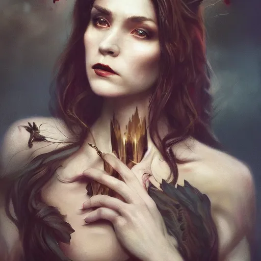 Prompt: majestic gracious regal aristocratic female brunette vampire portrait, atmospheric lighting, painted, menacing, intricate, volumetric lighting, beautiful, rich deep colours masterpiece, golden hour, sharp focus, ultra detailed, by leesha hannigan, ross tran, thierry doizon, kai carpenter, ignacio fernandez rios