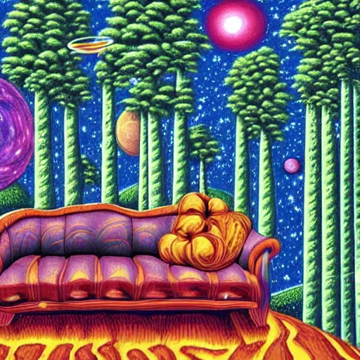 Prompt: psychedelic trippy velvet couch pine forest, planets, milky way, sofa, cartoon by rob gonsalves