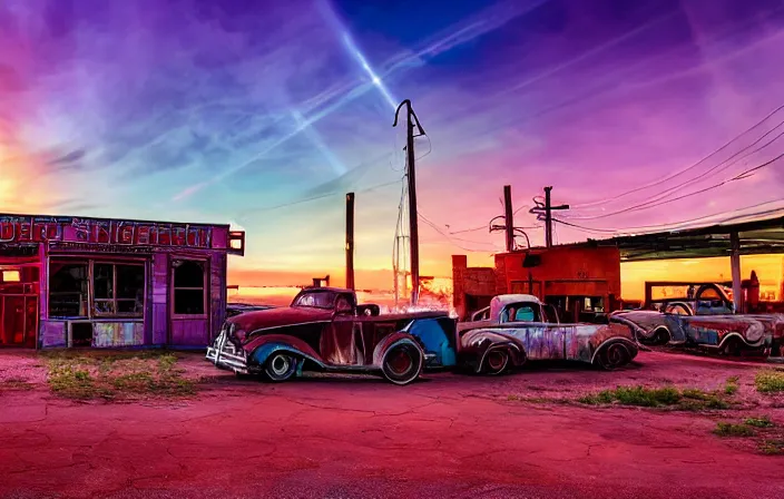 Image similar to A sunset light landscape with historical route66, lots of sparkling details and sun ray’s, blinding backlight, smoke, volumetric lighting, colorful, octane, 35 mm, abandoned gas station, old rusty pickup-truck, beautiful epic colored reflections, very colorful heavenly, softlight