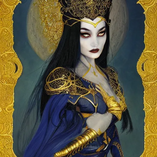 Prompt: painting of junoesque priestess of the moon, golden filigree armor and tiara, moon above head, dark blue straight hair, smooth translucent skin, wide striking eyes, beautiful! coherent! by brom, by brian froud, strong line, high contrast, muted color, 4 k, trending on artstation