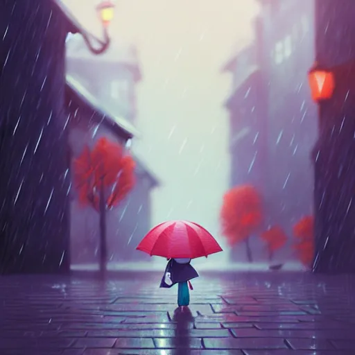 Prompt: a little girl holding an umbrella in the rain, a storybook illustration by atey ghailan, trending on cgsociety, cynical realism, storybook illustration, 2 d game art, rendered in unreal engine