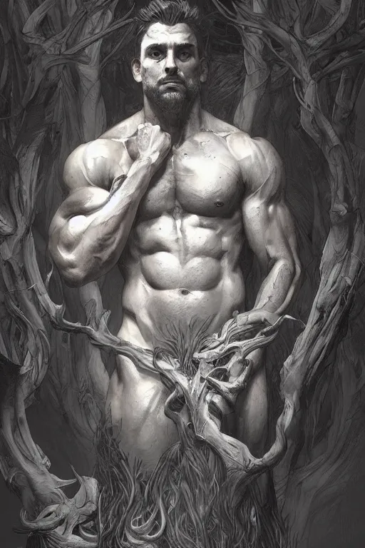 Prompt: portrait of a depressed herculian man, forest, full body, muscular, fantasy, intricate, elegant, highly detailed, digital painting, artstation, concept art, sharp focus, illustration, art by artgerm and greg rutkowski and alphonse mucha