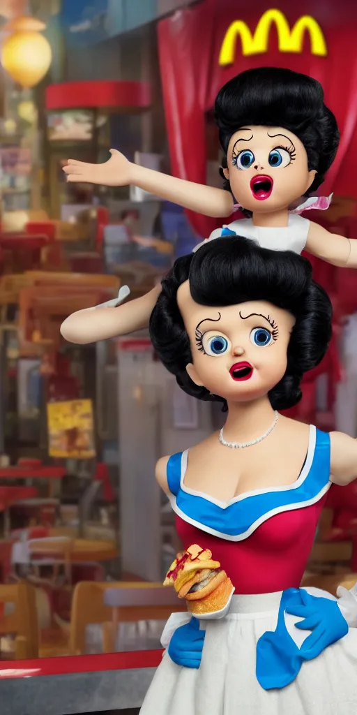 Image similar to Animatronic Betty Boop in Mc Donalds, real hair, dimly lit, photorealistic, hyper realistic 3d matte painting, unrealengine octane 3d render 4k