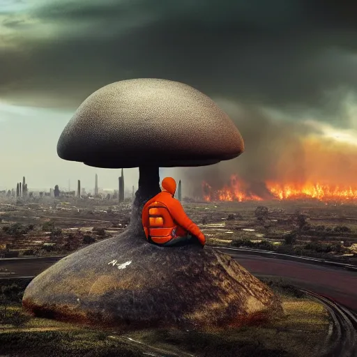 Image similar to a beautiful award-winning photo of the last man on Earth wearing a hazmat suit, sitting, serene idyllic post-nuclear background with a mushroom cloud on the horizon, a mirage of a skyline of a destroyed city, numerous fires, volumetric lighting, very high quality, extremely detailed, subtle visual noise, 8K