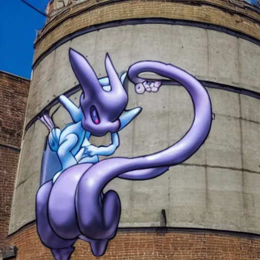 Prompt: MewTwo on a water tank in Newark