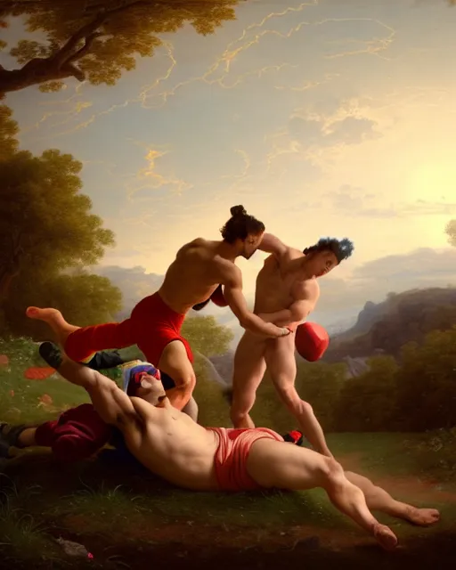 Image similar to two wrestlers fighting on a hill at sunset, style of François Boucher, unreal 5, DAZ, hyperrealistic, octane render, Regal, Refined, Detailed Digital Art, RPG portrait, William-Adolphe Bouguereau, Michael Cheval, dynamic lighting, Highly Detailed, Cinematic Lighting, Unreal Engine, 8k, HD