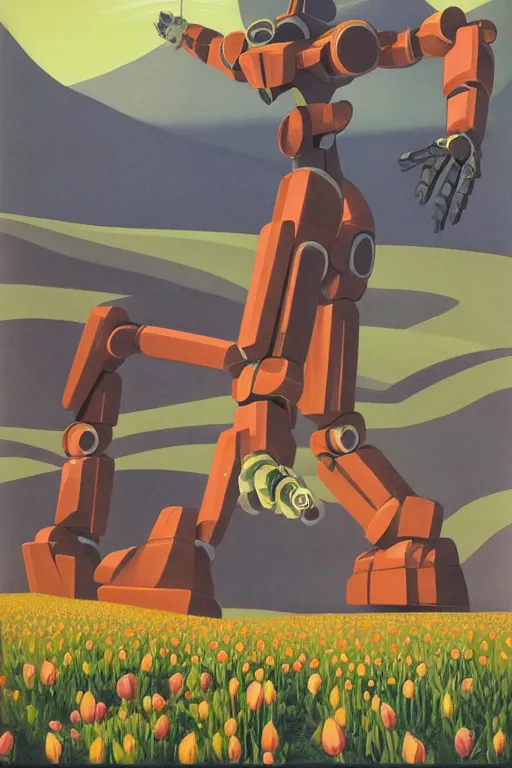 Image similar to giant mecha robot with laser, blooming hills with spring flowers and pillars by helen lundeberg