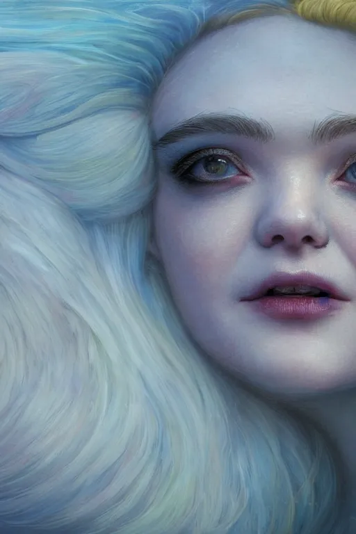 Prompt: closeup portrait shot of elle fanning as delirium of the endless, the sandman, the fairy queen, floral growth, thick fancy makeup, highly detailed, digital painting, artstation, concept art, soft focus, depth of field, artgerm, tomasz alen kopera, peter mohrbacher, donato giancola, wlop, boris vallejo