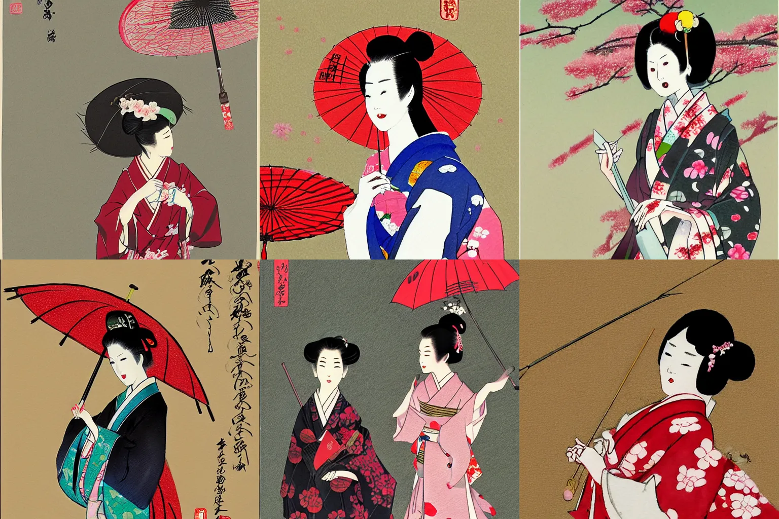 Prompt: 鬼 holding an umbrella, geisha, japanese girl, tokyo otaku mode, cherry blossom, sumi-e painting, digital illustration by Hiroshi Yoshida