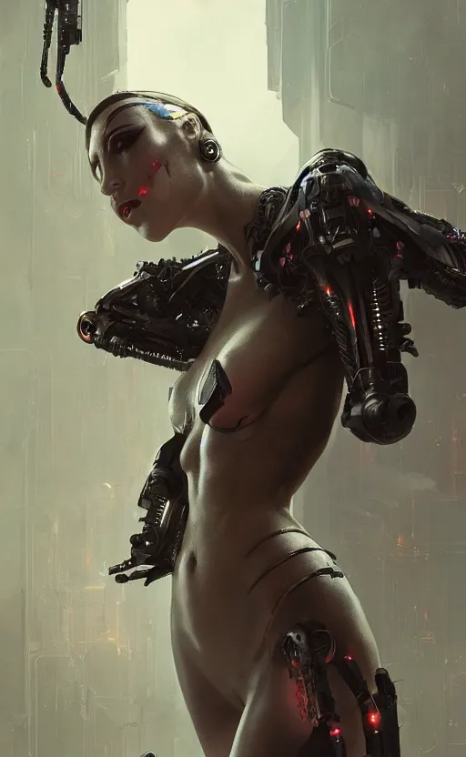 Image similar to a cyborg succubus, flawless symmetrical pretty cute face, greg rutkowski, 8 k, shallow depth of field, intricate detail, concept art,