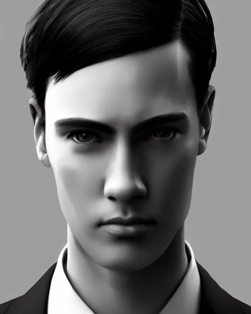 Prompt: detailed portrait Young Adult Male in business suit. Cyberpunk style, corporate styled pure black hair, Pale skin, blank facial expression, Simple professional fitting suit, illustrated by Nai_ Ga Artstation Perfect face, fine details, realistic shaded,