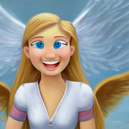 Image similar to a painting of an angel, a young woman with long blond hair and a halo smiling in heaven, wearing a black top and gray multi - color dress, pixar, animated, cute
