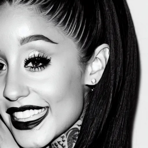 Image similar to ariana grande recursive photo beautiful ariana grande photo bw photography 130mm lens. ariana grande backstage photograph posing for magazine cover. award winning promotional photo. !!!!!COVERED IN TATTOOS!!!!! TATTED ARIANA GRANDE NECK TATTOOS. Zoomed out full body photography.