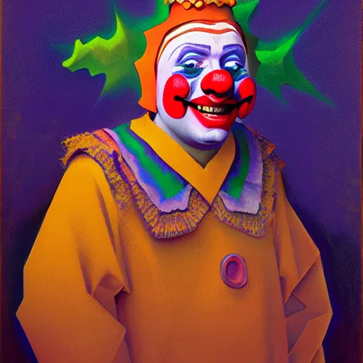Prompt: portrait of a surprised clown made by nicholas roerich, concept art, digital art, highly detailed