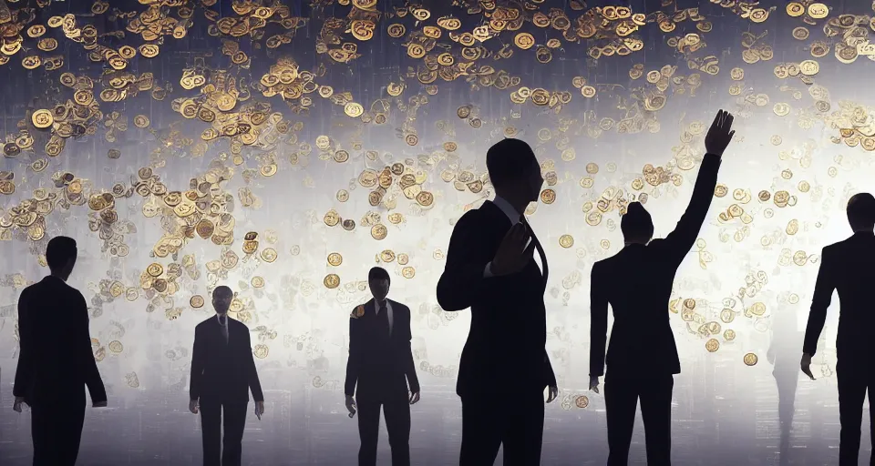 Image similar to Dramatic photo of a CEO waving goodbye to a group of silhouettes of his coworkers in a futuristic office. Golden coins are levitating all around them. 8k, high detail, trending on Artstation, volumetric lighting, cyberpunk