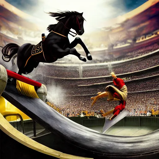 Prompt: roman horse with chariot racer high jumping in a skate park half-pipe, video game cover, intense, high detail, crowd cheering, Tony Hawk