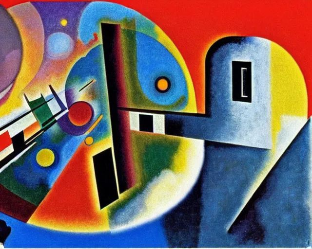 Prompt: a Kandinsky painting of 2001 a Space Odyssey by Stanley Kubrick