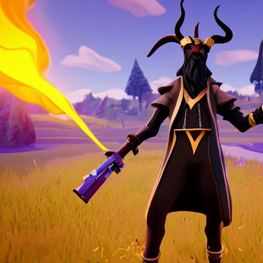 Prompt: an anthropomorphic black goat wizard in fortnite, black wizard robes, holding a gun, 3 d unreal engine render