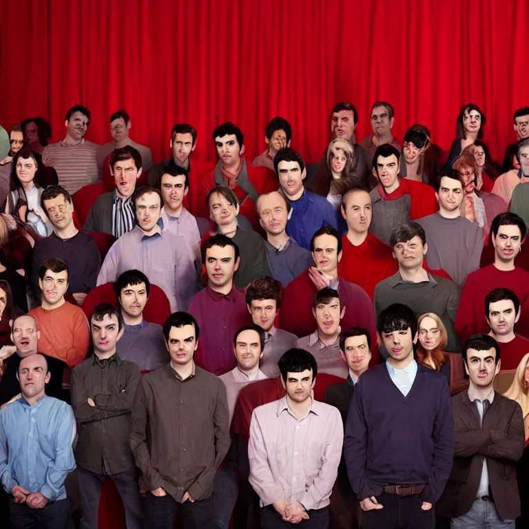 Prompt: focused dslr photograph of hundreds of nathan fielder from nathan for you on comedy central filmed by a tv crew on a stage with a red curtain, meta, fractal, trippy, high detail!!! 8 k, photorealism, sharp focus, volumetric lighting, coherent!!! art directed, rule of thirds, facial details, expressions, hd, professional