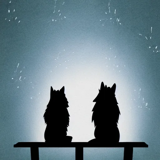 Prompt: two wolves wearing T-shirts sitting on a bench in a park at night watching fireworks, artstation, 4k