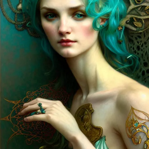 Image similar to pale teal, fantasy, intricate, elegant, dramatic lighting, emotionally evoking symbolic metaphor, highly detailed, lifelike, photorealistic, digital painting, artstation, concept art, smooth, sharp focus, illustration, art by John Collier and Albert Aublet and Krenz Cushart and Artem Demura and Alphonse Mucha