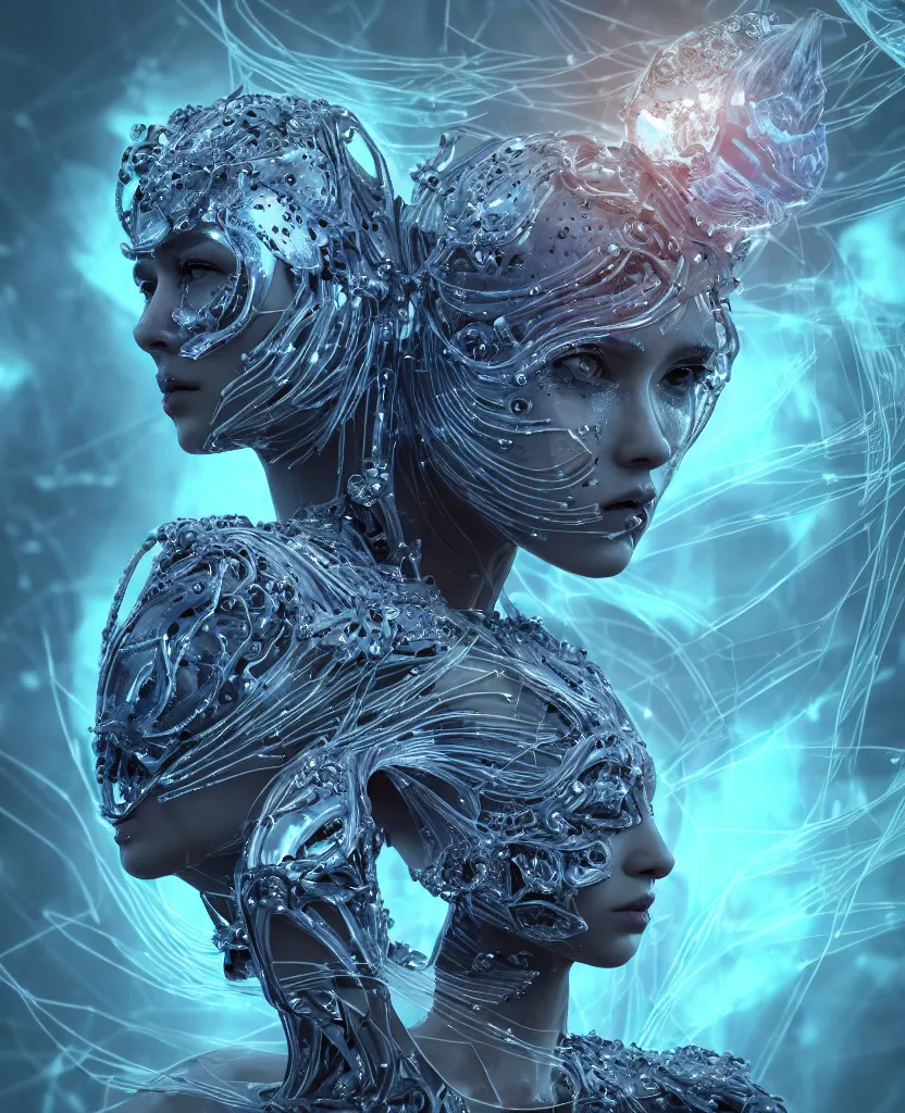 Image similar to epic futuristic ancient close-up macro portrait of the face of a beautiful princess, epic angle and pose, symmetrical artwork, 3d with depth of field, blurred background, cybernetic jellyfish crystal, obsidian, female face skull phoenix bird, translucent, nautilus, energy flows of water and fire. a highly detailed epic cinematic concept art CG render. made in Maya, Blender and Photoshop, octane render, excellent composition, cinematic dystopian brutalist atmosphere, dynamic dramatic cinematic lighting, aesthetic, very inspirational, arthouse. y Greg Rutkowski, Ilya Kuvshinov, WLOP, Stanley Artgerm Lau, Ruan Jia and Fenghua Zhong