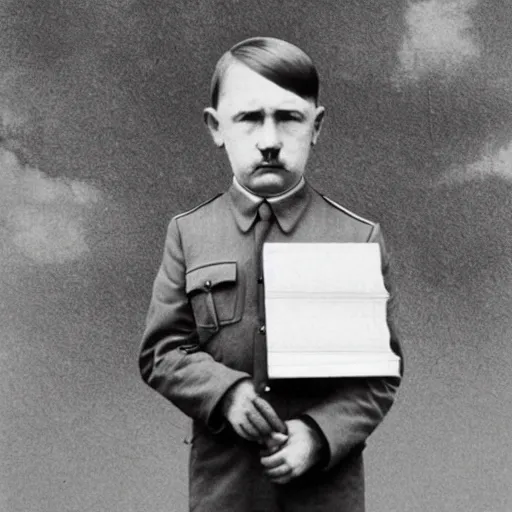 Prompt: full length photo of a child adolf hitler standing carrying school books, hitler moustache, digital art, full color