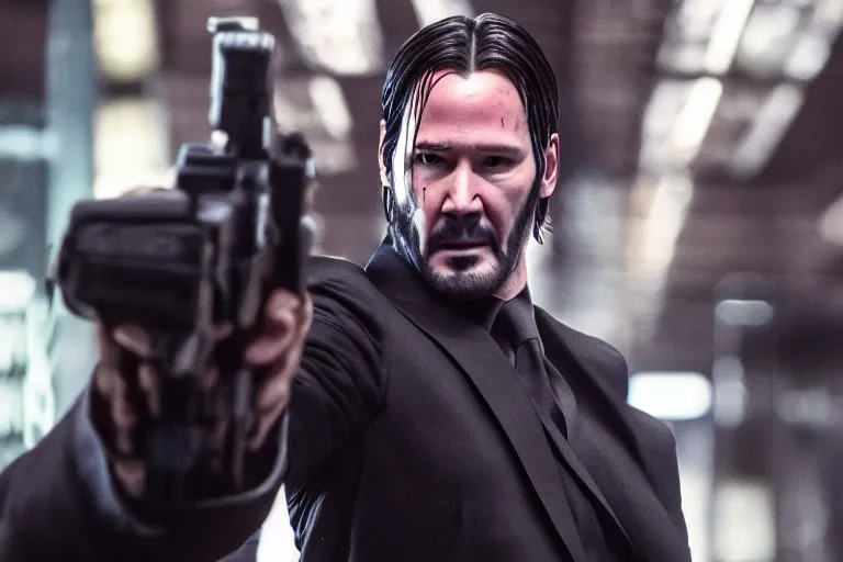 Image similar to John wick in the matrix fighting agent smith, cinematic