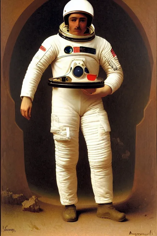 Prompt: a portrait of a male astronaut, wearing a spacesuit and helmet, by bouguereau