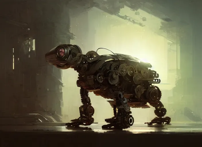 Prompt: full - body robot ferret, robotic, gears, intricate, sharp focus, lens flare, bloom, illustration, highly detailed, digital painting, concept art, matte, art by ruan jia and wlop and greg rutkowski, masterpiece