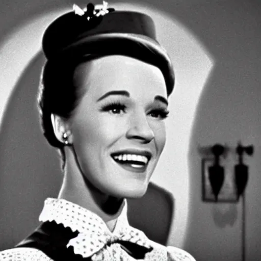 Image similar to Julie Andrews Mary Poppins from Disney 1964 smiling and winking with one eye, Still from Mary Poppins (1964)