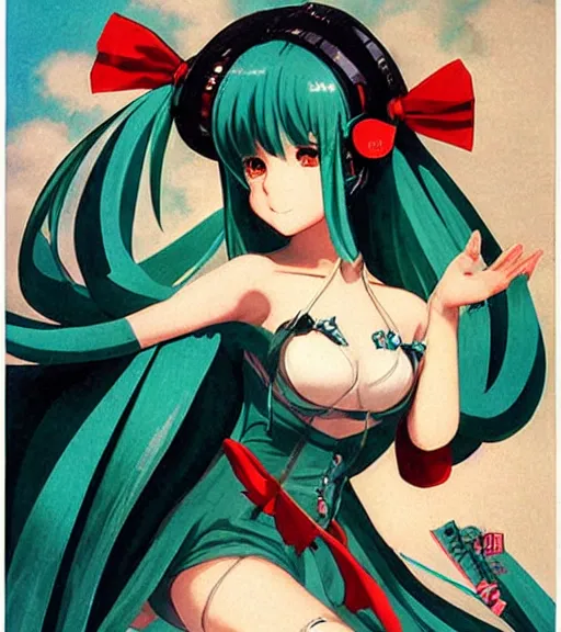 Prompt: Anime art very beautiful Hatsune miku by Gil Elvgren, Earl Moran, Enoch Bolles, symmetrical shoulders, feminine