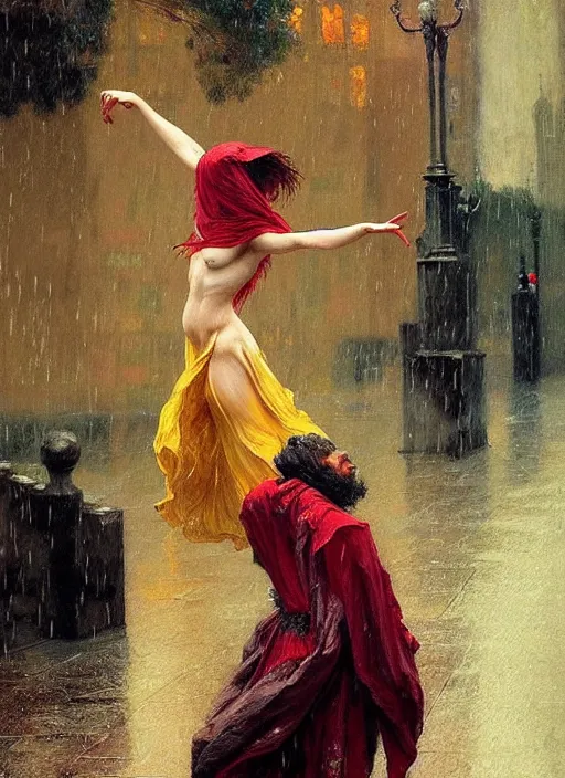 Prompt: beutiful woman dancing in the rain with death who is wearingcloak, realistic, highly detailed, digital illustration, trending in artstation, classical painting, smooth, sharp focus art by ilya repin